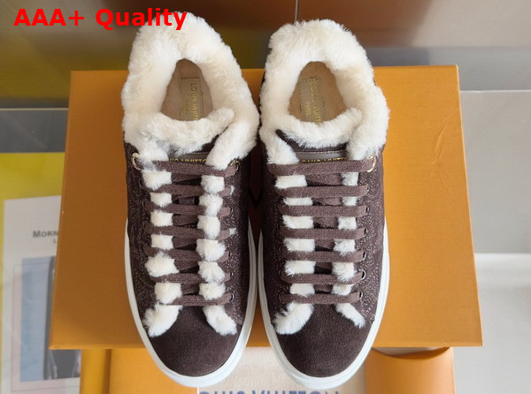 Louis Vuitton Time Out Sneaker in Brown Monogram Embroidered Suede Calf Leather with a Snug Shearling Lining 1AIDIC Replica