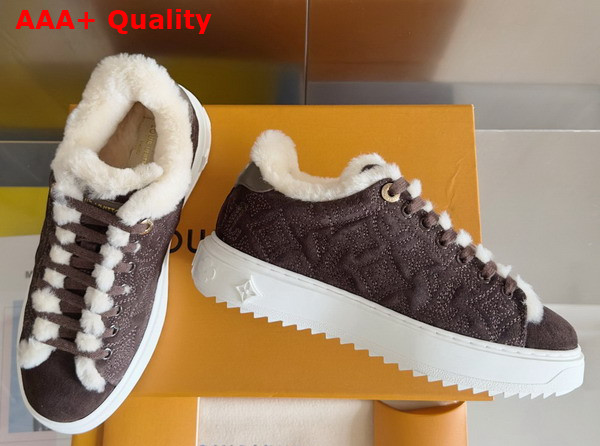 Louis Vuitton Time Out Sneaker in Brown Monogram Embroidered Suede Calf Leather with a Snug Shearling Lining 1AIDIC Replica