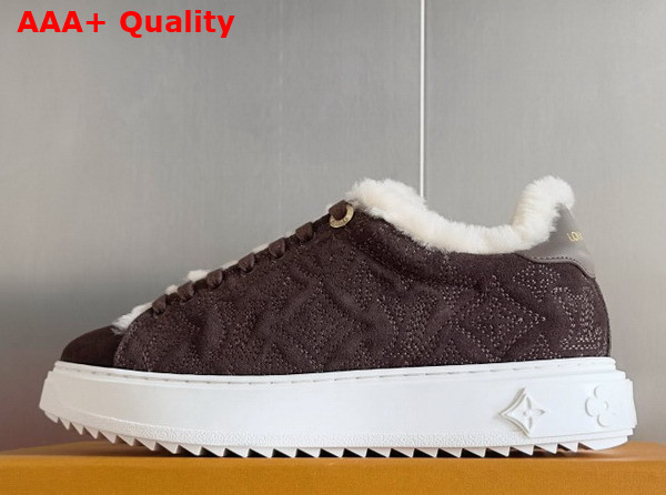 Louis Vuitton Time Out Sneaker in Brown Monogram Embroidered Suede Calf Leather with a Snug Shearling Lining 1AIDIC Replica