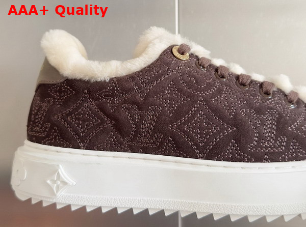 Louis Vuitton Time Out Sneaker in Brown Monogram Embroidered Suede Calf Leather with a Snug Shearling Lining 1AIDIC Replica