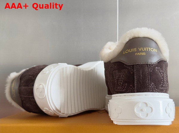 Louis Vuitton Time Out Sneaker in Brown Monogram Embroidered Suede Calf Leather with a Snug Shearling Lining 1AIDIC Replica