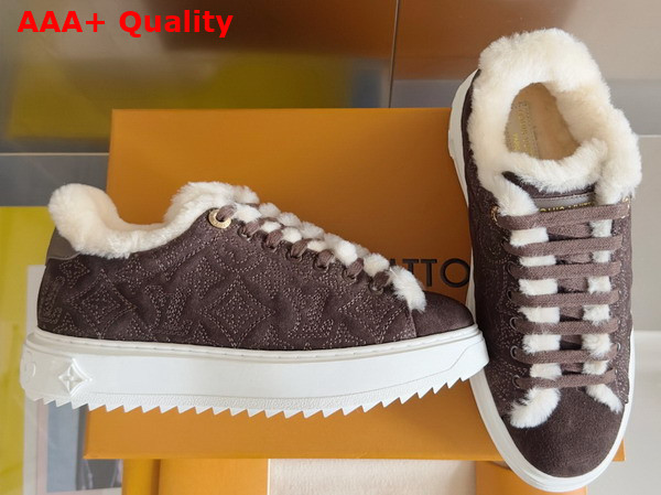 Louis Vuitton Time Out Sneaker in Brown Monogram Embroidered Suede Calf Leather with a Snug Shearling Lining 1AIDIC Replica