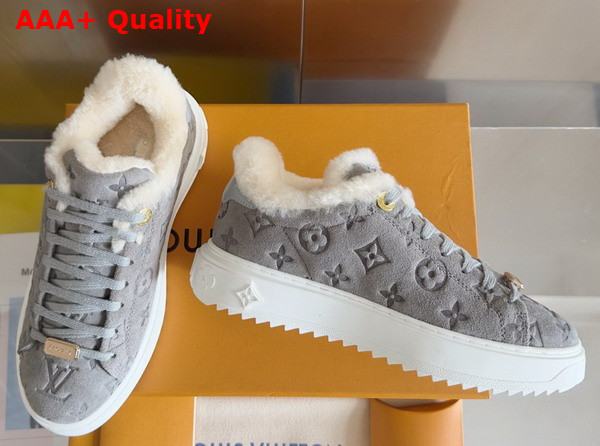 Louis Vuitton Time Out Sneaker in Grey Monogram Embossed Suede Calf Leather with Shearling Lining Replica