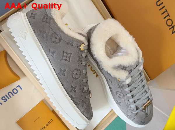 Louis Vuitton Time Out Sneaker in Grey Monogram Embossed Suede Calf Leather with Shearling Lining Replica