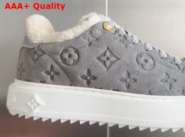 Louis Vuitton Time Out Sneaker in Grey Monogram Embossed Suede Calf Leather with Shearling Lining Replica
