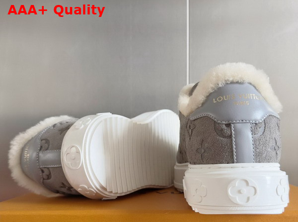 Louis Vuitton Time Out Sneaker in Grey Monogram Embossed Suede Calf Leather with Shearling Lining Replica