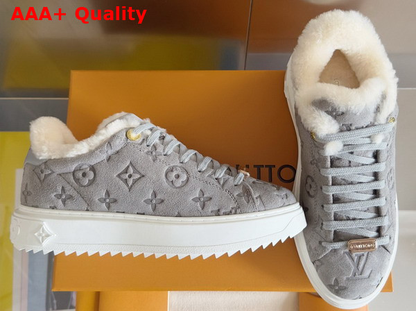 Louis Vuitton Time Out Sneaker in Grey Monogram Embossed Suede Calf Leather with Shearling Lining Replica