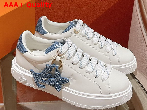 Louis Vuitton Time Out Sneaker in White Calf Leather and Blue Denim 1ABB4T Replica
