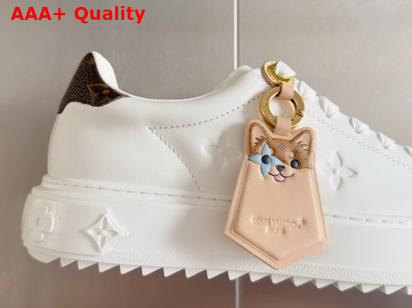 Louis Vuitton Time Out Sneaker in White Plain Calf Leather Key Bell in Natural Leather with a Playful Animal Face 1AGUX8 Replica