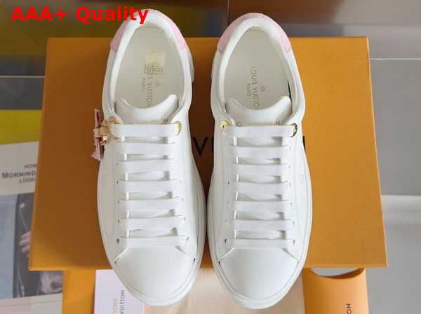 Louis Vuitton Time Out Sneaker in White Smooth Calf Leather with Trim in Rose Monogram Denim 1AGUXO Replica