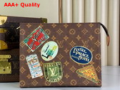 Louis Vuitton Toilet Pouch in Monogram Coated Canvas Decorated with Glamourous Vintage Louis Vuitton Travel Stickers M83487 Replica