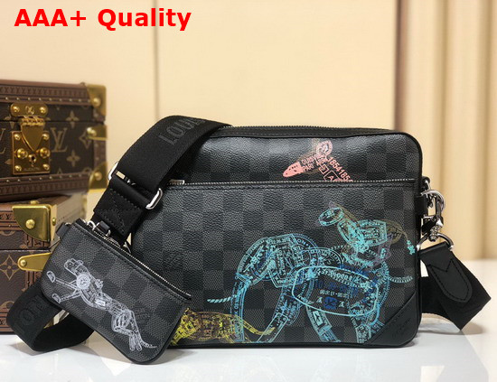 Louis Vuitton Trio Messenger Damier Graphite Canvas Twisted with a Print of a Herd of Wild Animals N58040 Replica