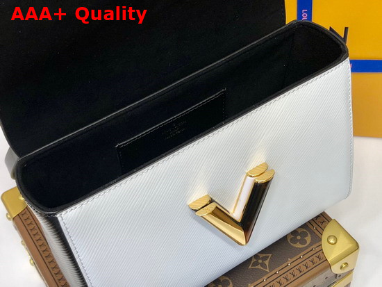 Louis Vuitton Twist MM Handbag in White Epi Grained Leather Features a LV Twist Lock Decorated with Tortoise Shell and Black and White Stones M58526 Replica