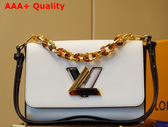Louis Vuitton Twist MM Handbag in White Epi Grained Leather Features a LV Twist Lock Decorated with Tortoise Shell and Black and White Stones M58526 Replica