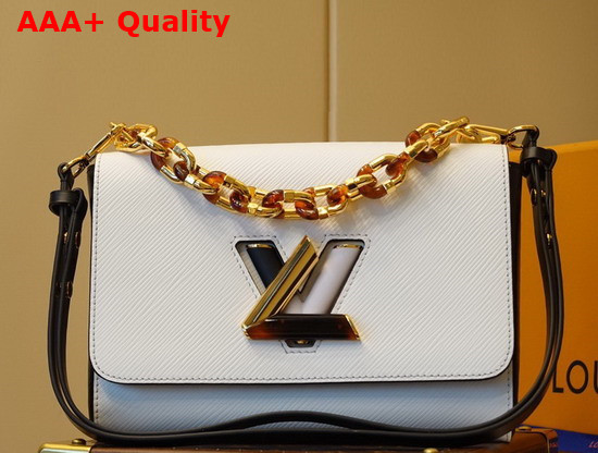 Louis Vuitton Twist MM Handbag in White Epi Grained Leather Features a LV Twist Lock Decorated with Tortoise Shell and Black and White Stones M58526 Replica