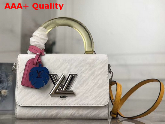Louis Vuitton Twist MM in White Deep Dyed Epi Leather with a Colored Plexiglass Top Handle and Bright Colored Nametag and Charm M56132 Replica