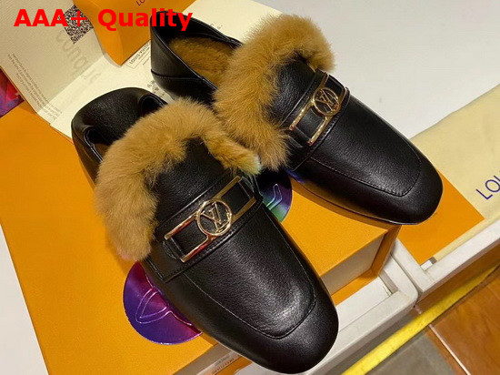 Louis Vuitton Upper Case Flat Loafer in Black Calf Leather with Cognac Brown Fluffy Mink Fur Trim 1A86UH Replica