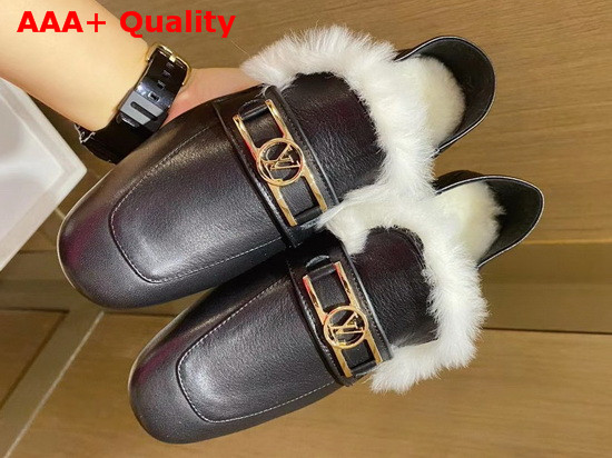 Louis Vuitton Upper Case Flat Loafer in Black Calf Leather with White Fluffy Mink Fur Trim Replica