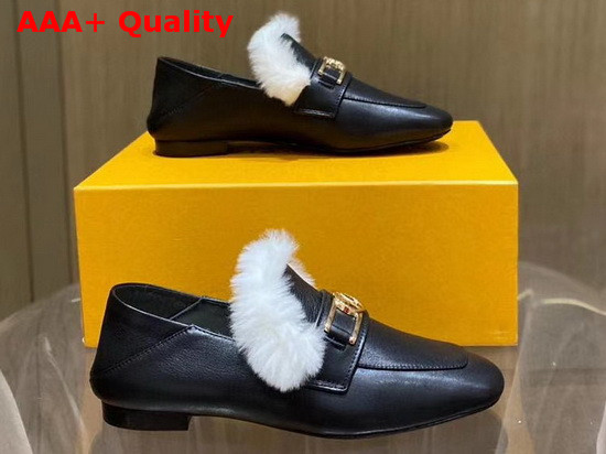 Louis Vuitton Upper Case Flat Loafer in Black Calf Leather with White Fluffy Mink Fur Trim Replica