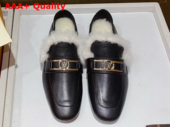 Louis Vuitton Upper Case Flat Loafer in Black Calf Leather with White Fluffy Mink Fur Trim Replica