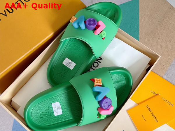 Louis Vuitton Women Rubber Mule in Green with Resin Monogram Flower Replica