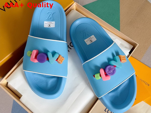 Louis Vuitton Women Rubber Mule in Sky Blue with Resin Monogram Flower Replica