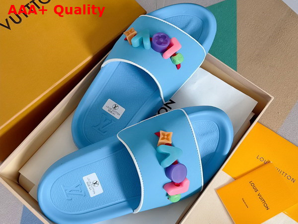 Louis Vuitton Women Rubber Mule in Sky Blue with Resin Monogram Flower Replica