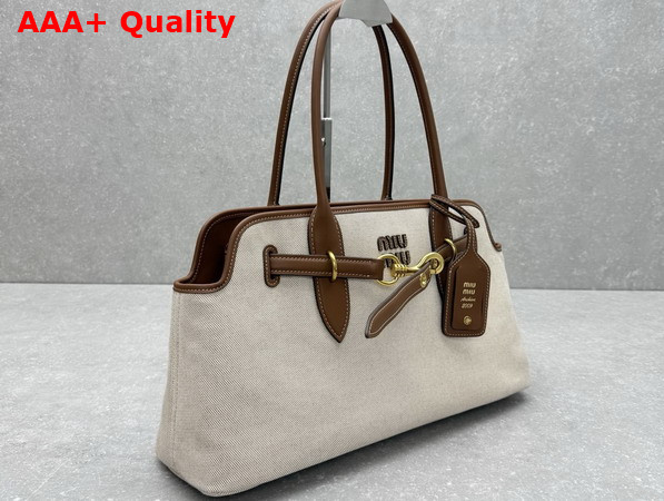 Miu Miu Aventure Canvas and Leather Bag Beige and Brandy 5BG310 Replica