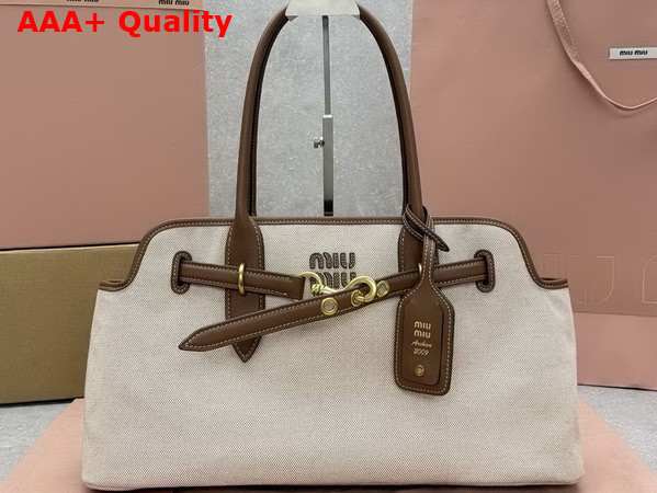 Miu Miu Aventure Canvas and Leather Bag Beige and Brandy 5BG310 Replica