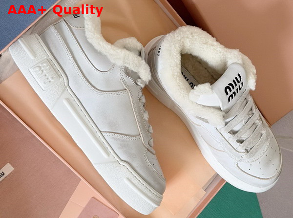 Miu Miu Bleached Leather Sneakers in White Leather and Shearling 5E892D Replica