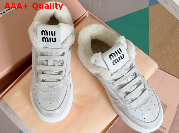 Miu Miu Bleached Leather Sneakers in White Leather and Shearling 5E892D Replica