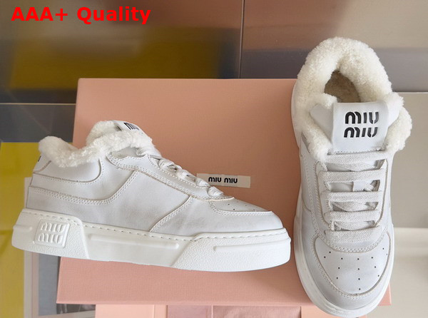 Miu Miu Bleached Leather Sneakers in White Leather and Shearling 5E892D Replica