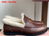 Miu Miu Bleached Leather and Shearling Penny Loafers in Ebony 5D530E Replica