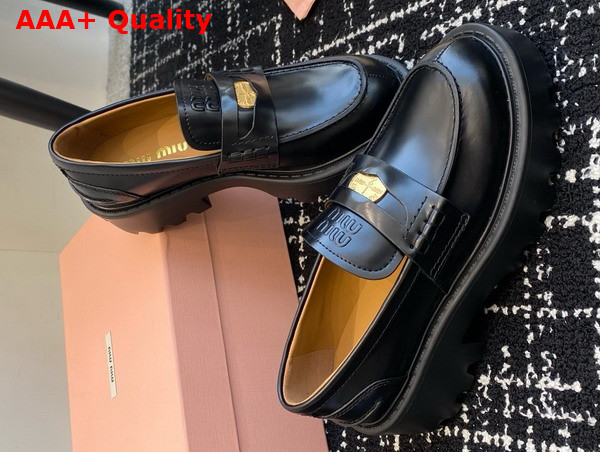 Miu Miu Brushed Leather Loafers in Black 5D292E Replica