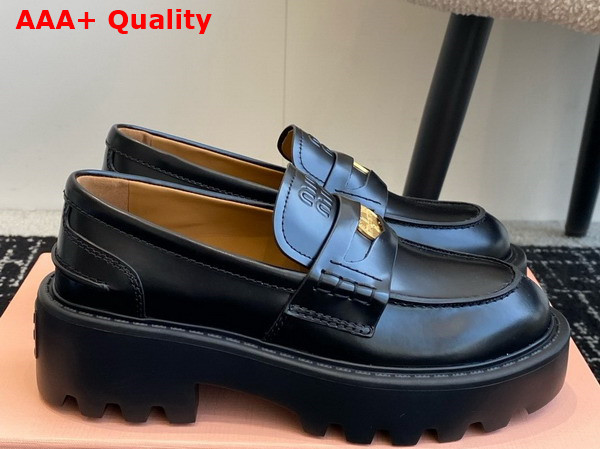 Miu Miu Brushed Leather Loafers in Black 5D292E Replica