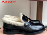 Miu Miu Brushed Leather and Shearling Penny Loafers in Black 5D530E Replica