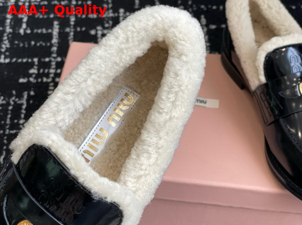Miu Miu Brushed Leather and Shearling Penny Loafers in Black 5D530E Replica