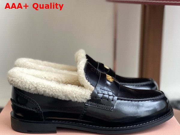 Miu Miu Brushed Leather and Shearling Penny Loafers in Black 5D530E Replica