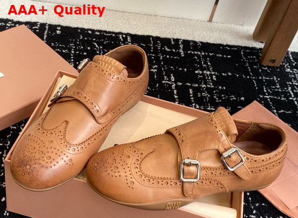 Miu Miu Calf Leather Brogue Shoe with Buckles in Cognac 5E510E Replica