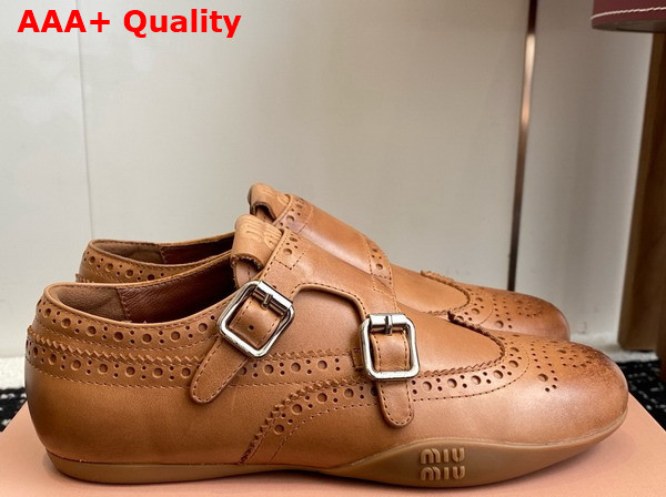 Miu Miu Calf Leather Brogue Shoe with Buckles in Cognac 5E510E Replica