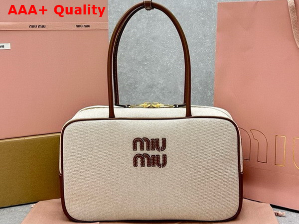 Miu Miu Canvas Top Handle Bag in Beige and Brandy 5BB163 Replica