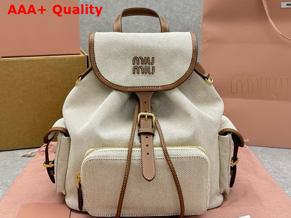 Miu Miu Canvas and Leather Backpack Beige and Brandy 5BZ042 Replica