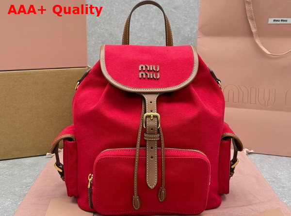 Miu Miu Canvas and Leather Backpack Red and Brandy 5BZ042 Replica