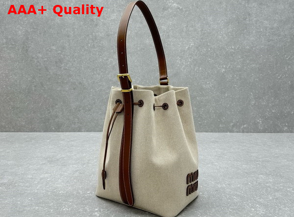 Miu Miu Canvas and Leather Bucket Bag Beige Brandy 5BE089 Replica