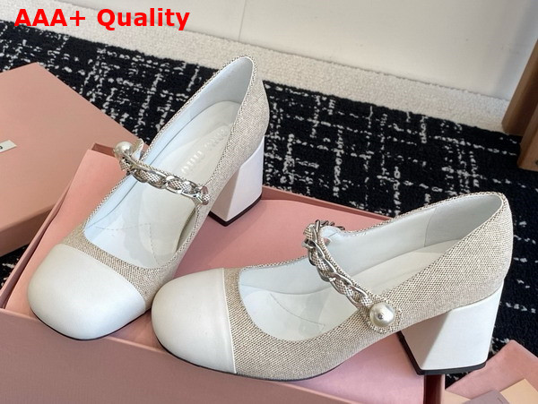 Miu Miu Canvas and Leather Pumps in Beige and White 5I248D Replica