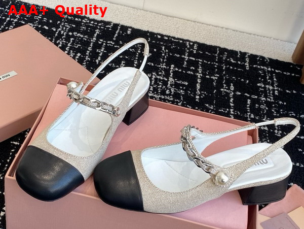 Miu Miu Canvas and Leather Slingback Pumps in Beige and Black 5I045E Replica