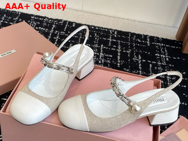 Miu Miu Canvas and Leather Slingback Pumps in Beige and White 5I045E Replica