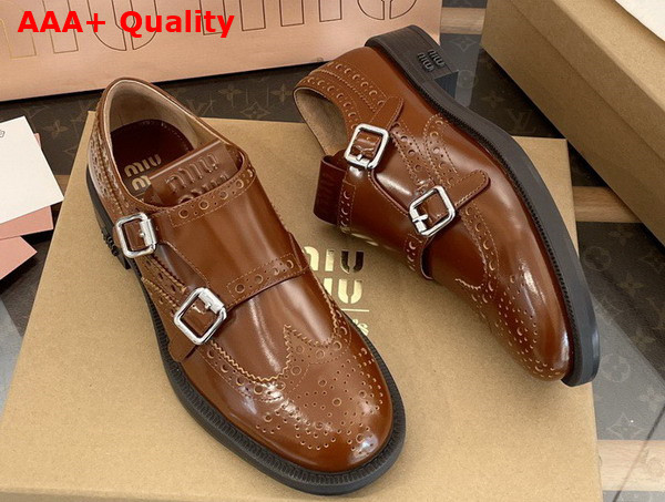 Miu Miu Churchs X Miu Miu Brushed Leather Double Monk Brogue Shoes in Tobacco 5E039E Replica