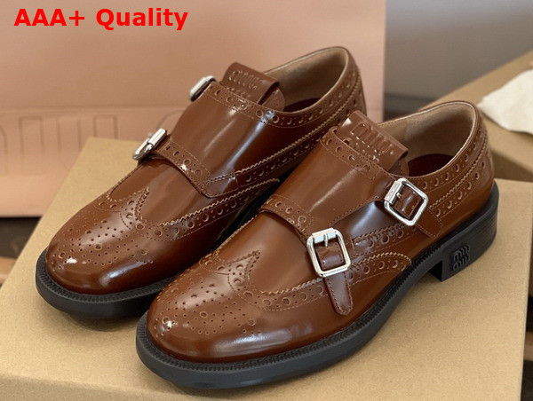 Miu Miu Churchs X Miu Miu Brushed Leather Double Monk Brogue Shoes in Tobacco 5E039E Replica