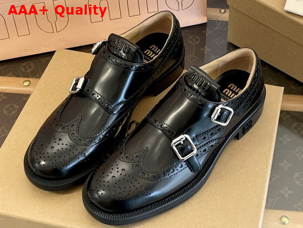 Miu Miu Churchs x Miu Miu Brushed Leather Double Monk Brogue Shoes in Black 5E039E Replica